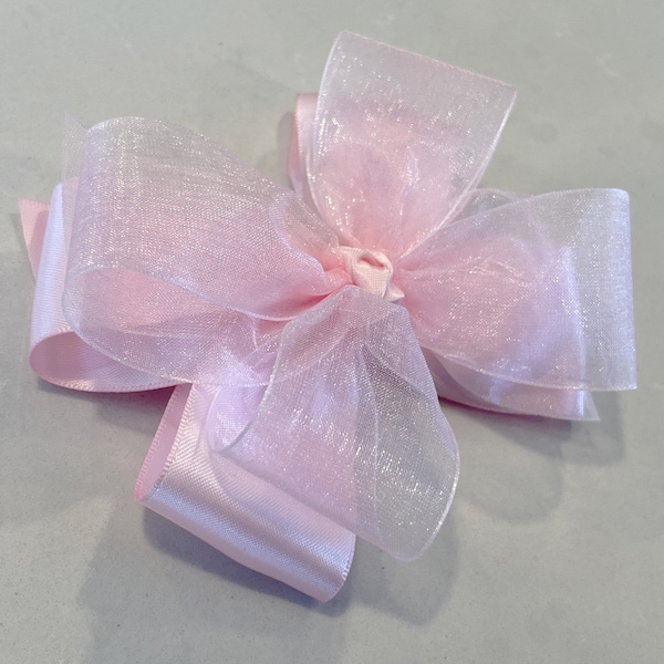 Satin light pink  5” double layer girls hair bow, satin and sheer ribbon on your choice of clip