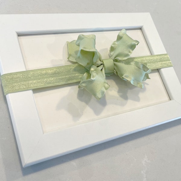 Light green 3.5” double ruffle bow on soft headband