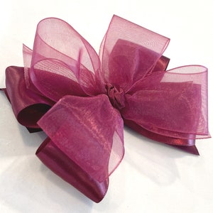 Satin burgundy 5” double layer girls hair bow, satin and sheer ribbon on your choice of clip