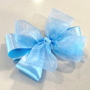 Satin light blue 5” double layer girls hair bow, satin and sheer ribbon on your choice of clip