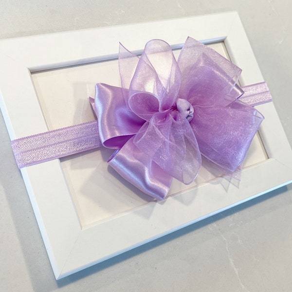 Lavender 4” double layer bow on headband, satin and sheer ribbon