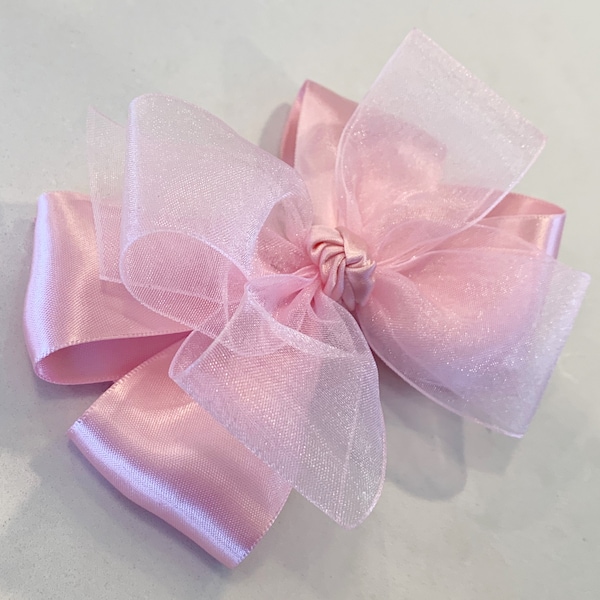 Satin pink 5” double layer girls hair bow, satin and sheer ribbon on your choice of clip