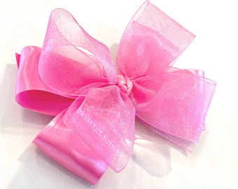 Satin hot pink 5” double layer girls hair bow, satin and sheer ribbon on your choice of clip