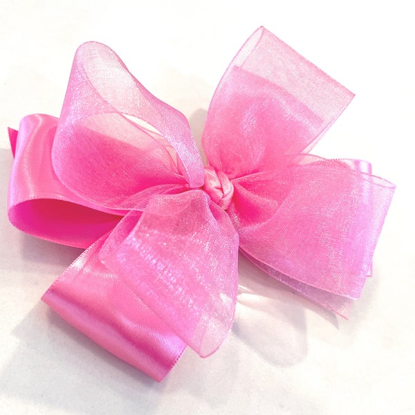 Satin hot pink 5” double layer girls hair bow, satin and sheer ribbon on your choice of clip