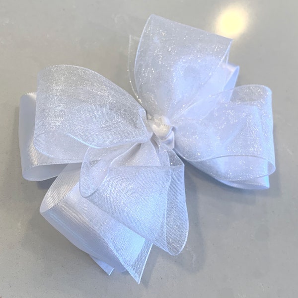 Satin White 5” double layer girls hair bow, satin and sheer ribbon on your choice of clip