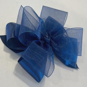 Satin navy blue 5” double layer girls hair bow, satin and sheer ribbon on your choice of clip