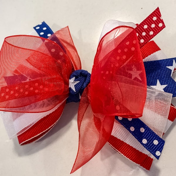 red, white, and blue 5” triple layer girls hair bow, patriotic USA