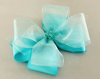 Aqua 5” double layer girls hair bow, on your choice of clip