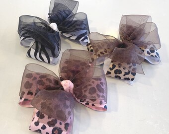Girls Animal Print Hair Bow, Leopard or Zebra, Grosgrain Ribbon