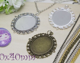 Large Cabochon Pendant Tray Kits -30x40mm large Pendant Setting - Ball or Rolo Chain - oval Glass Cabochons - Bezel Pendant Oval Trays