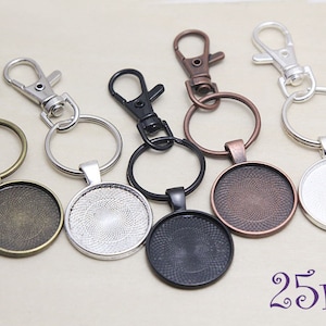 Craft Key Chain Kits -1&quot; inch 25mm Circle Pendant Trays - lobster split rings- 25mm Glass Cabochons - Key Lobster Kits - Craft Kits Keys