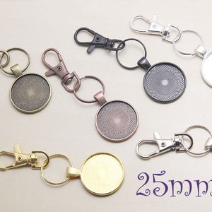 Complete Key Chain Kits -1&quot; inch 25mm Circle Pendant Trays - lobster split rings- 25mm Glass Cabochons - Key Lobster Kits - Craft Kits Keys