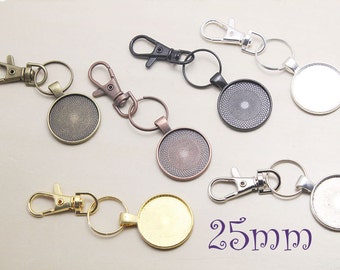 Complete Key Chain Kits -1" inch 25mm Circle Pendant Trays - lobster split rings- 25mm Glass Cabochons - Key Lobster Kits - Craft Kits Keys