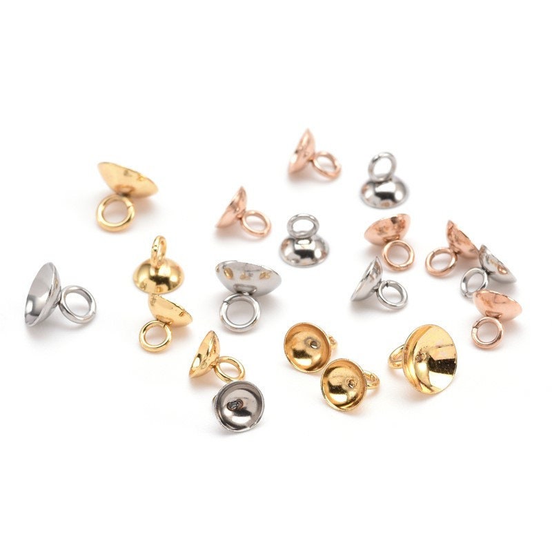 50pcs Stainless steel Bead caps with eyelet, Hypoallergenic Pearl Cup Peg Connector, Peg Pendant Bails 4mm-10mm