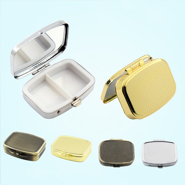 Square Pill box Case - Blank Two Compartment Pill Box Container - Pill Organizer - Metal Pill Case