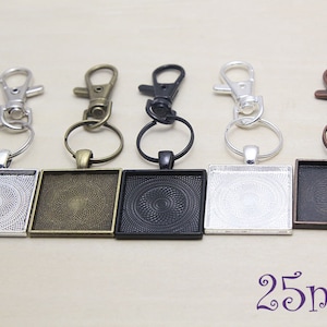 Square Key chain Kits-25mm Square Pendant Trays - lobster split rings- 25mm Glass Cabochons - Pendant Key Chain Setting -Photo Key Chain DIY