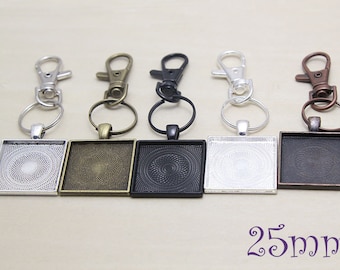 Square Key chain Kits-25mm Square Pendant Trays - lobster split rings- 25mm Glass Cabochons - Pendant Key Chain Setting -Photo Key Chain DIY