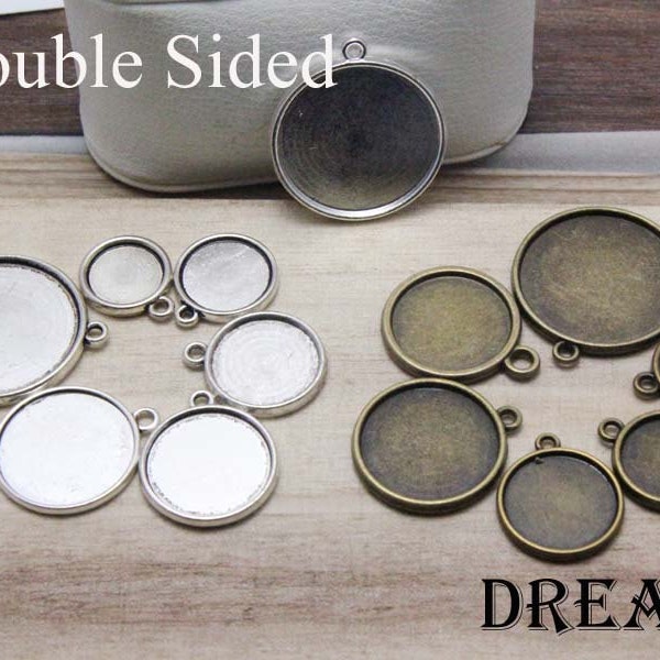 Pendant Blank Double Sided - Round Pendant Setting - 40pcs double sided glass brass pendant blank, pendant base - Double Side Bezel Cup