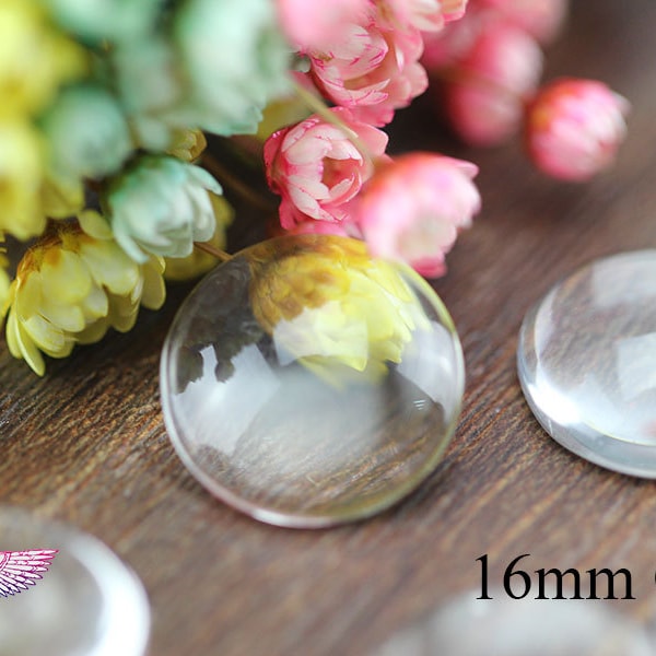 Glass Cabochons 16mm - Flat Back Clear Glass -  Round Clear Magnify Glass Dome 16mm-Glass Covers - Craft DIY Transparent Glass Top