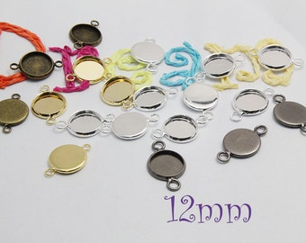 12mm Round Bezel Cups with 2 connector, 1mm Deep - Round Brass Trays - Brass Bezel Cups - Silver Cabochons Setting N Colors B002