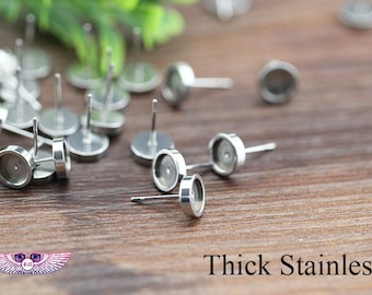 STAINLESS Steel Earring Stud Bezel Settings - Surgical Steel Blank Bezel -Hypoallergenic Earring Post - Studs Back Included - 20pcs