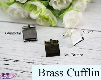 french cufflinks blank - 18mm Square Bezel Cuff Link Setting - Silver Glass Cabochon Cufflink Trays - Cufflink Bezel Blanks C00501