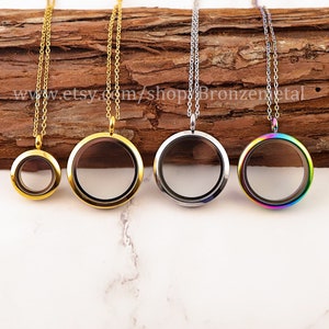 Stainless Steel Floating Memory Locket - Living Glass Locket Pendant - Rotate Open Threaded Swivel Round Clear Lockets Gold, Rose Gold