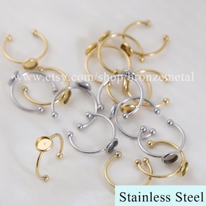 10er Pack Edelstahl Ring Rohling - Offener RING mit Zargenfassung 8/10/12 mm - Verstellbare Flache Ring Rohling Basis