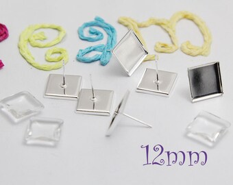 12mm Square Earring Stud Bezels - Earring Stud Blank with bezel settings - Optional 12mm Square Glass Cabochons