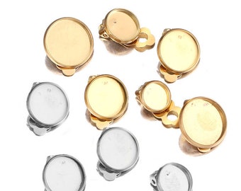 20pcs Stainless Steel Clip On Earring Blanks - Non Pierced Ear Clip Backs - Surgical Gold Earring Bezels Components