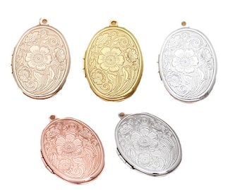 5pack Flower Locket, Keepsake Photo Frame Charm - Rose Gold Silver Locket for DIY - Photo Memory Locket