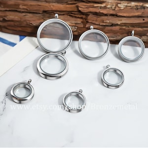 Glass Floating Locket - Stainless Steel Glass Memory Locket - Living Charms Coin Locket Pendant - Rotate Open Necklace Lockets Mother's Gift