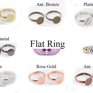 May include: A set of flat ring blanks in various metal finishes, including gold, antique bronze, platinum, gunmetal, silver, rose gold, and antique copper. The rings are shown in pairs, with the metal finish labelled above each pair.