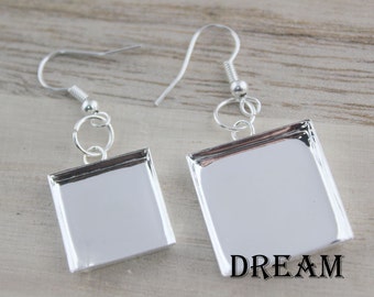 Square Bezel Earring kits - Silver Earring Bezel - Earring DIY with Wire Hook Attached - Glass included - Making Earring - Earring Component