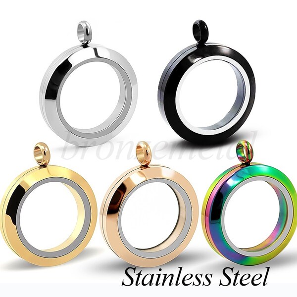 Stainless Steel Floating Memory Locket - Living Glass Locket Pendant - Rotate Open Threaded Swivel Round Clear Lockets Gold, Rose Gold