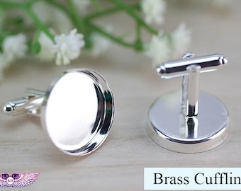 Cufflink Bezel Settting High Wall - 18mm Cufflink Blank - Photo Cufflink Base - Metal cufflink Findings - Silver Glass Cabochon Cuff Link