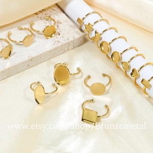 Confezione da 10 anelli a castone aperto placcati in oro 18 carati - Base per anelli a castone, base in acciaio inossidabile per pietre preziose, perle e cabochon