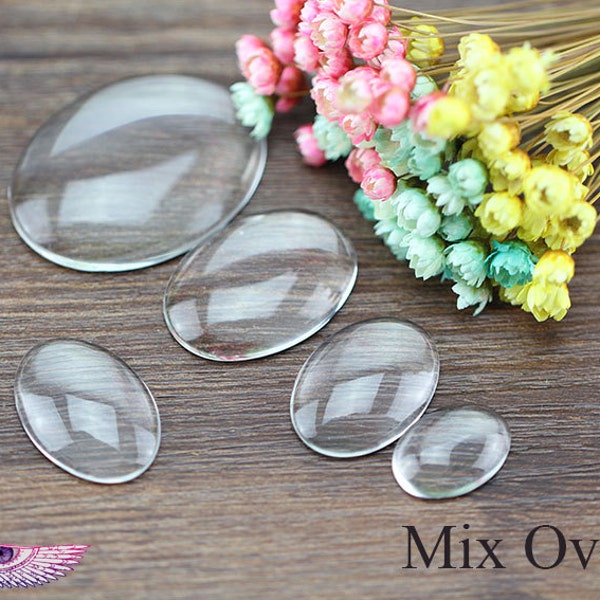 Oval Clear Glass Cabochons- 50pcs- Flat Back - Oval Magnify Glass Dome - DIY Craft Glass Cover- Pendant Bezel Glass Cabochon - Various Sizes
