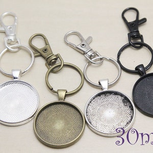 Complete Round Key Chain Kits -1.2&quot; inch 30mm Circle Trays - lobster split rings- 30mm Glass Cabochons - DIY Key Chain Making