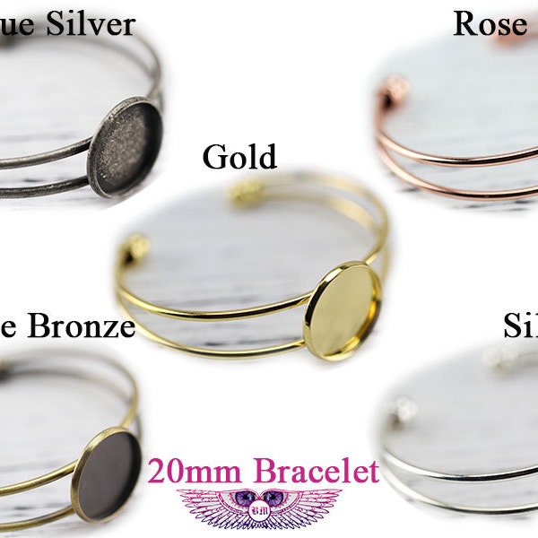 Cuff Bracelet Blank - Cuff Bezel Bangle - 20mm Round - Glass Cabochon Bracelet - Silver Brass Copper Gold Rose Gold Bracelet BR005