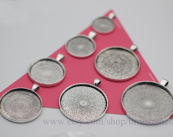 Bandejas colgantes de plata vintage - Piezas en blanco para colgantes con foto - Engaste de cabujón de vidrio - Bisel en blanco de plata de ley circular, cuadrado, rectangular, ovalado - N tamaños