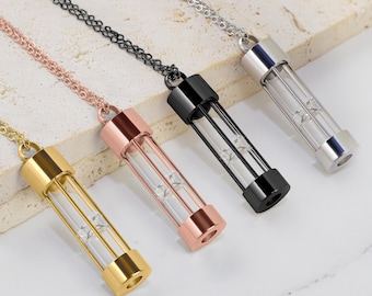 Hourglass Urn Necklace - Stainless Steel Tube Glass Bottle - Vial Charm - Memorial Pendant for Ashes - Gift For Loss Pet - Cremation Jewelry