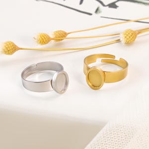 May include: Two adjustable rings with oval settings. One ring is silver-colored, the other is gold-colored. Both rings have a simple, modern design. The rings are displayed on a white surface with dried floral accents.