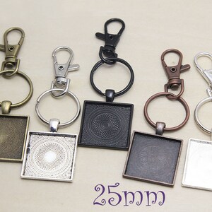 Craft Kits Key Chains - Square Key Chain Blanks - Lobster Swivels - Key Rings - 1inch 25mm Square Trays - 25mm Clear Glass Cabochon Settings