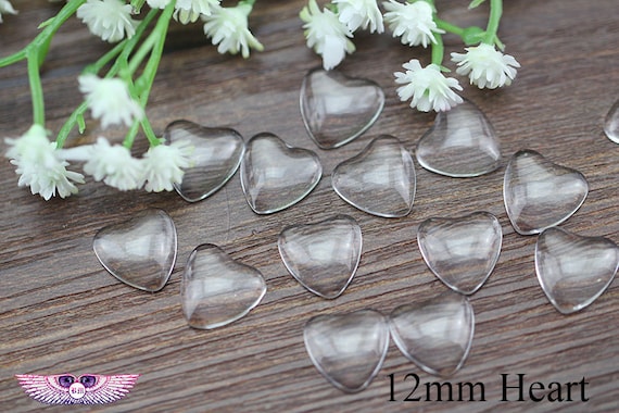 12mm Heart Clear Glass Cabochons - Heart Photo Glass Tiles - Flat Back - Domed - Magnifying - Crafting Glass Cabs - magnify Glass Cover