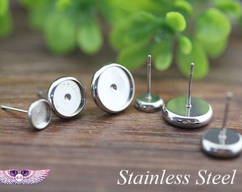 NEW STAINLESS Steel Earring Stud Bezel Settings - Surgical Steel Blank Bezel -Hypoallergenic Earring Post - Earring Studs Back Included
