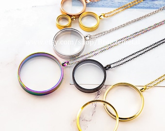 Clear Glass Floating Locket - Stainless Steel Living Charms Locket Pendant - Rotate Open Threaded Swivel Memory Lockets Necklace