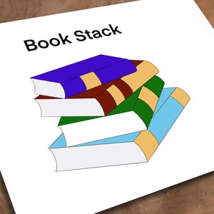 Puede incluir: Una pila de cuatro libros con cubiertas de diferentes colores. El libro de arriba es morado, el siguiente es marrón con rayas doradas, el tercero es verde con rayas doradas y el libro de abajo es azul claro con rayas doradas. El texto "Book Stack" está escrito encima de los libros.