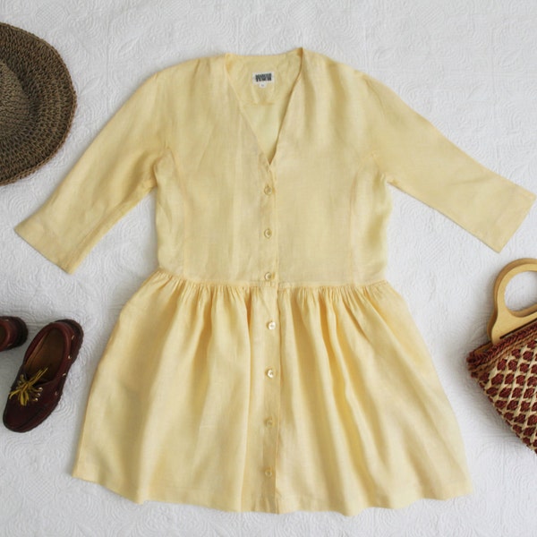 90s LINEN Lemon Yellow Mini Dress / Button Up Flared Skirt Long Sleeves