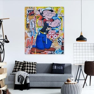 Colorful Popeye Pop Art Acrylic Painting on Canvas, Colorful Graffiti Wall Art Home Decor